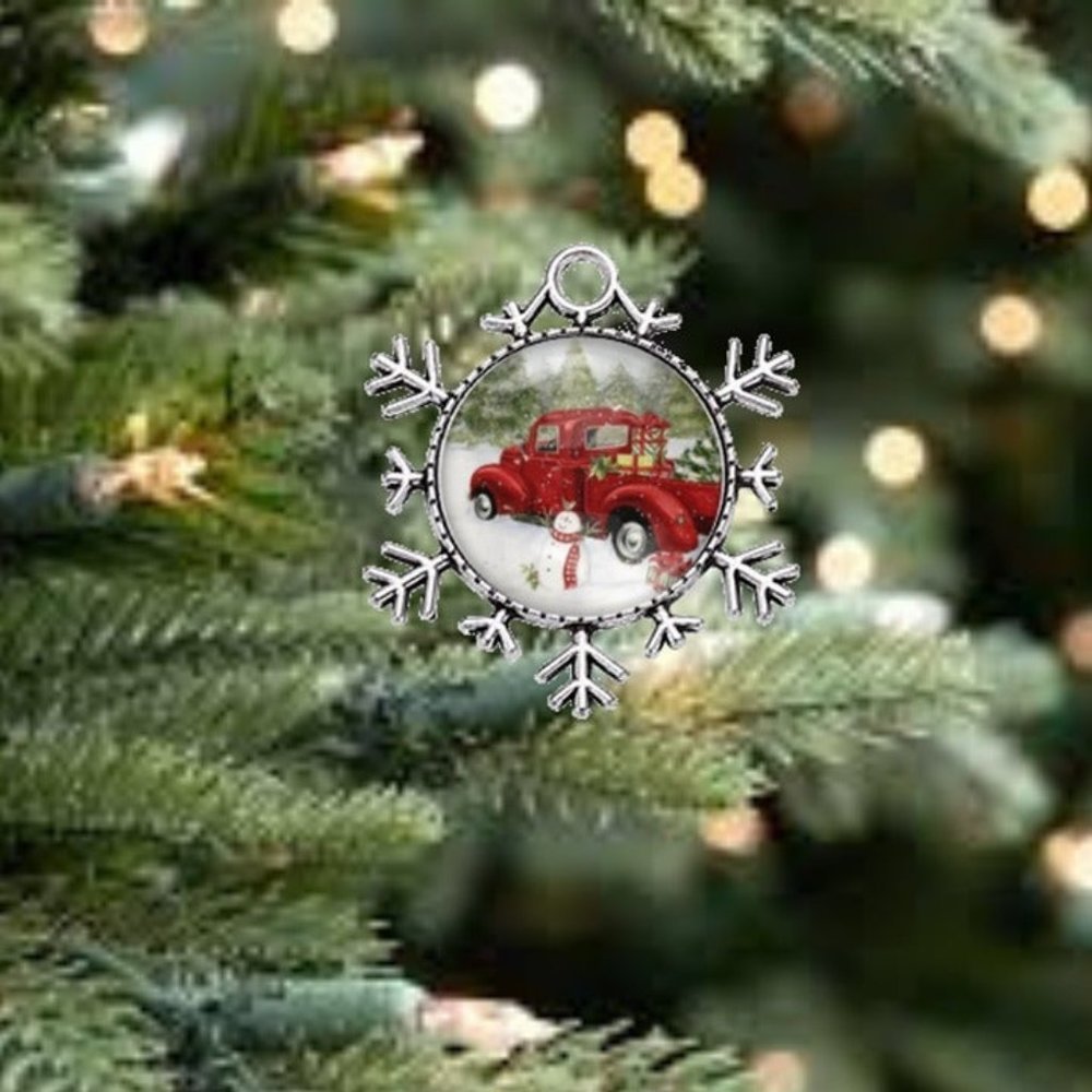 Retro Farm Truck Farmhouse Silver Snowflake Christmas Ornament Home Decor New